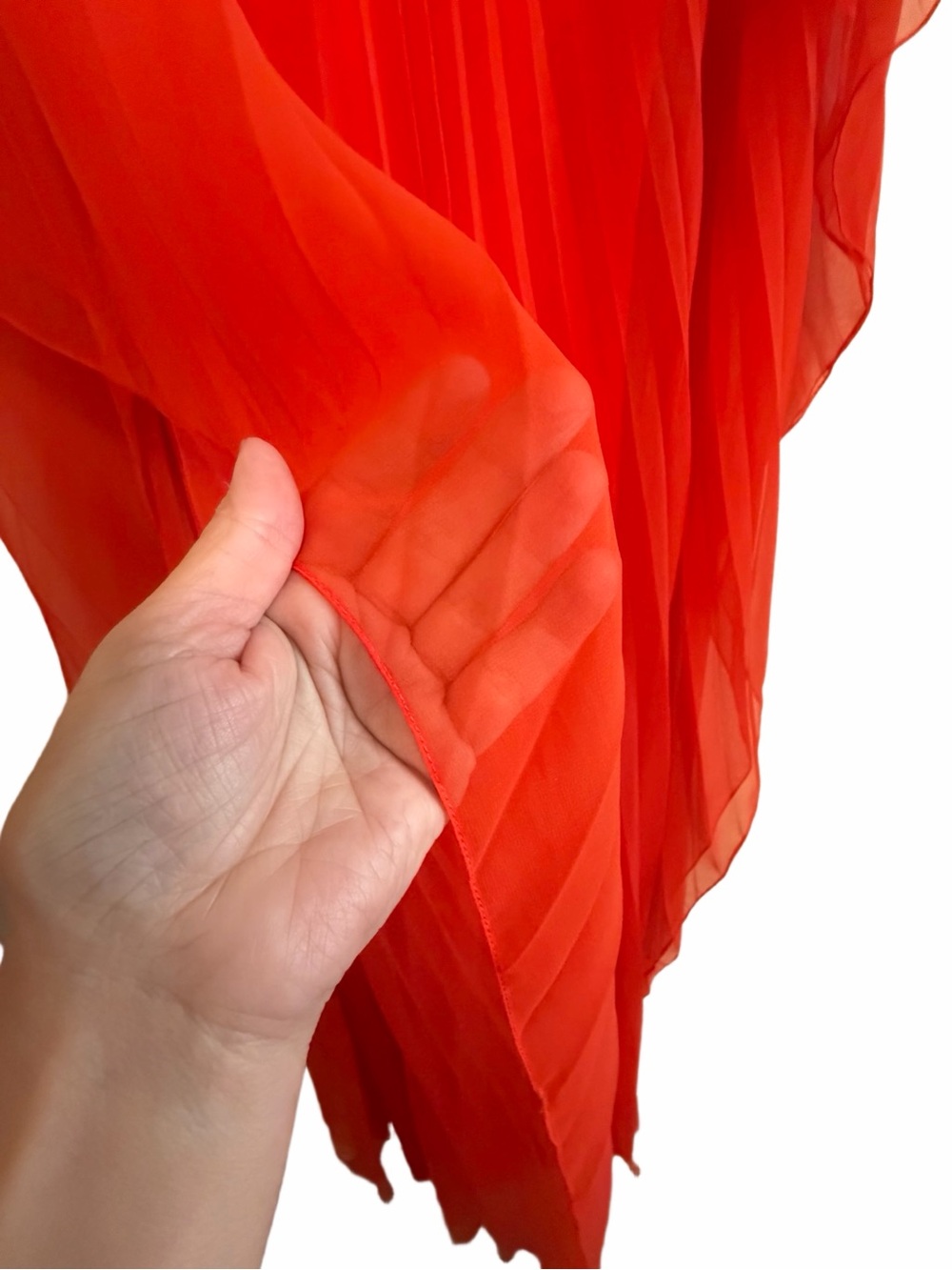 Vintage | Bright Orange Red Pleated Chiffon Goddess Dress - Picture 11 of 16